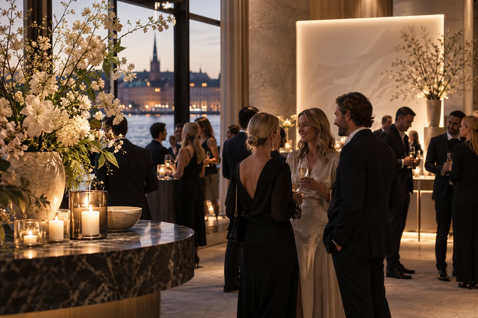 Illustrativ miljöbild: gäster minglar vid ett elegant varumärkesevent