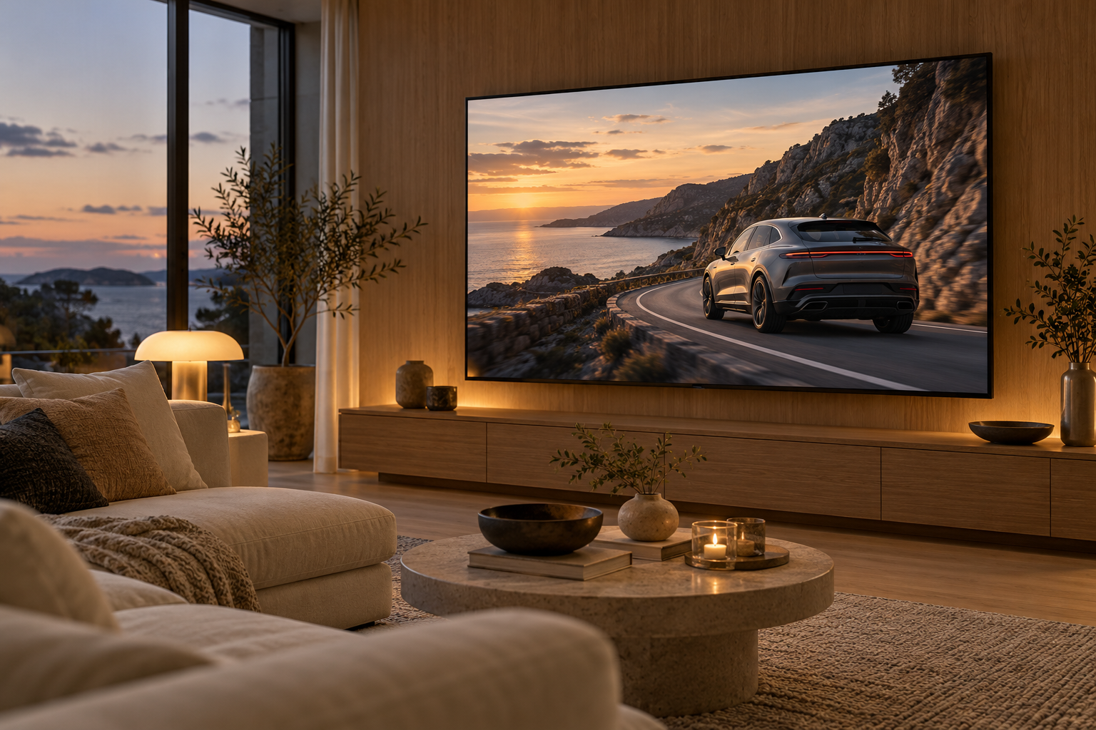 Illustrativ miljöbild: en TV visar en reklamfilmsliknande scen i ett vardagsrum